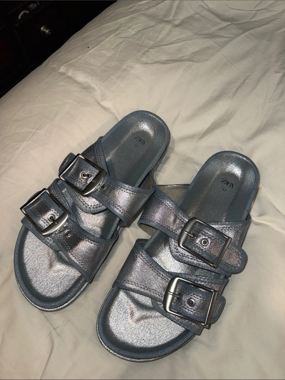 ZARA  Metallic Silver-Blue Double Buckle Slide Sandals